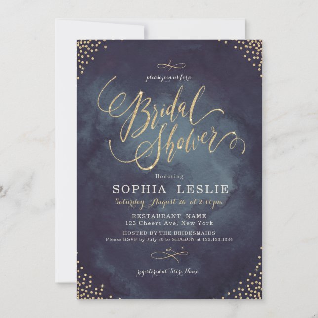 Glam night gold glitter calligraphy Bridal Shower Invitation (Front)