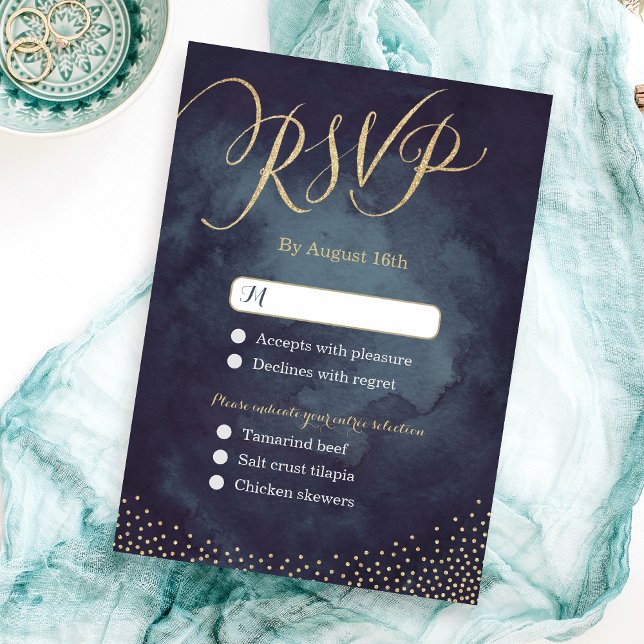 Glam night gold glitter calligraphy wedding RSVP Card (Glam night gold glitter calligraphy wedding RSVP)