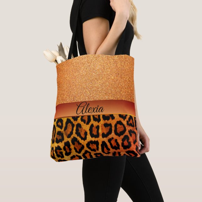 Glam Orange and Gold Leopard Tote Bag (Close Up)