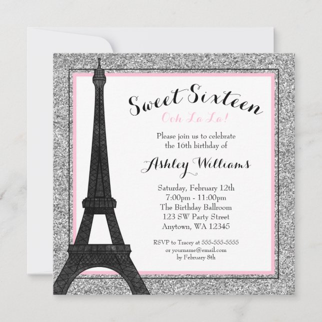 Glam Paris Themed Faux Glitter Sweet 16 Birthday Invitation (Front)