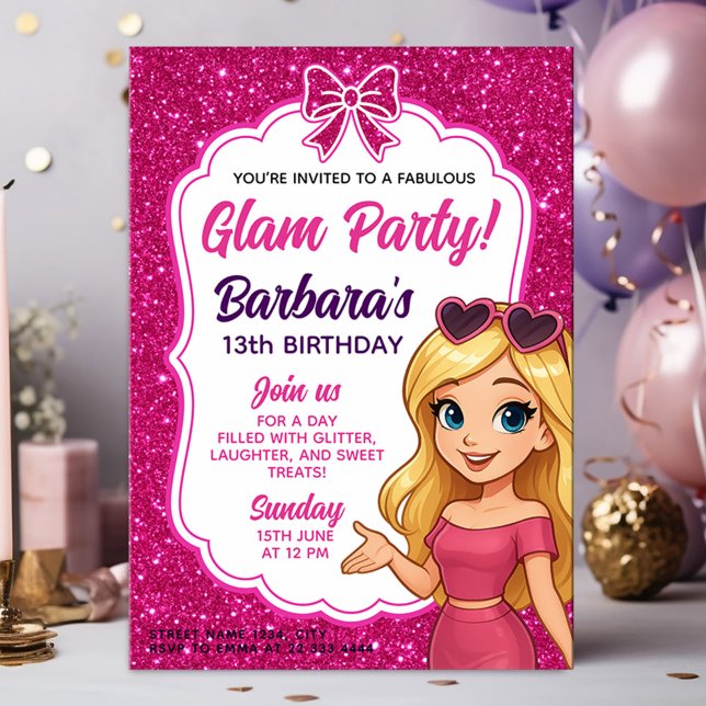 Glam Party Birthday for Girls with Pink Glitter Invitation (Creator Uploaded)