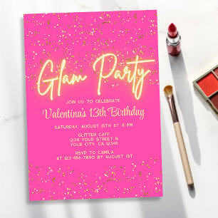Glam Party Modern Hot Pink Neon Glow Girl Birthday Invitation