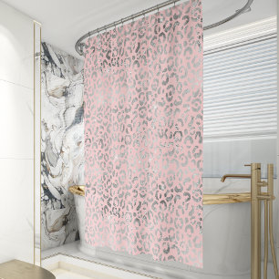 Glam Pastel Pink Silver Foil Leopard Print Shower Curtain