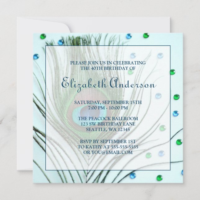Glam Peacock Feather 40th Birthday Party Teal Invitation (Front)