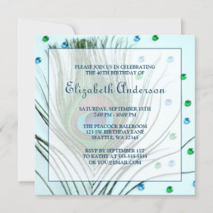 Glam Peacock Feather 40th Birthday Party Teal Invitation