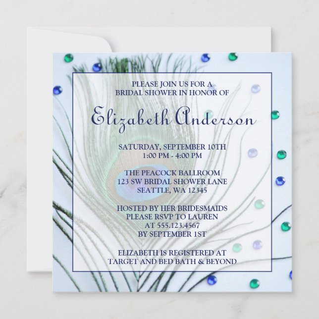 Glam Peacock Feather Blue Bridal Shower Invitation (Front)