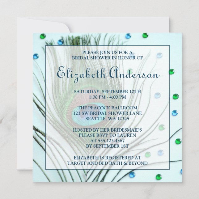 Glam Peacock Feather Teal Bridal Shower Invitation (Front)