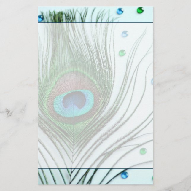 Glam Peacock Feather Teal Stationery (Front)