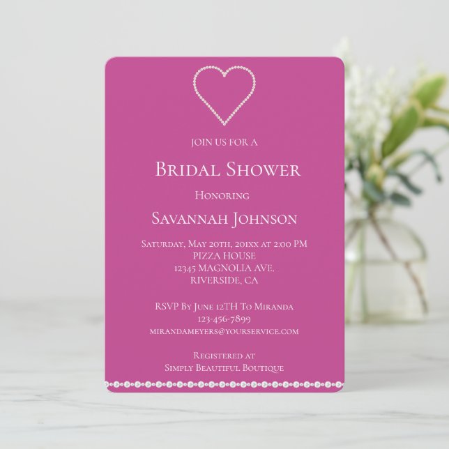 Glam Pearls Jewel Pink Bridal Shower Invitation (Standing Front)