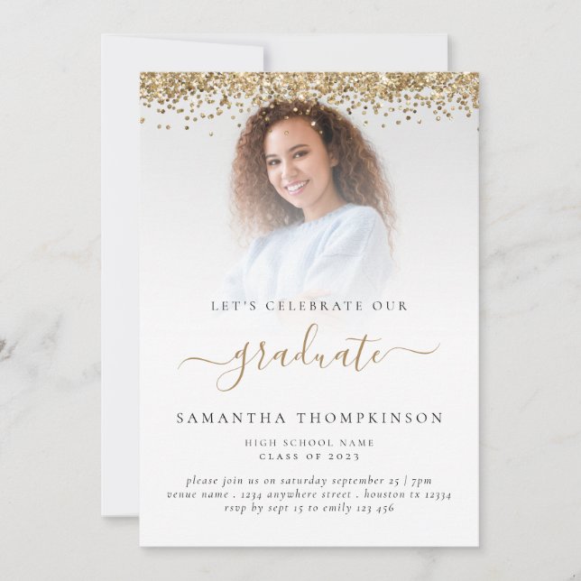 Glam Photo Gold Glitter Graduation 2024 Invitation (Front)