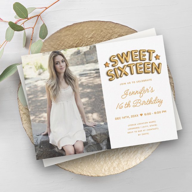 Glam Photo Gold White Balloons Sweet 16  Invitation (Glam Photo Gold White Balloons Sweet 16 Invitation)