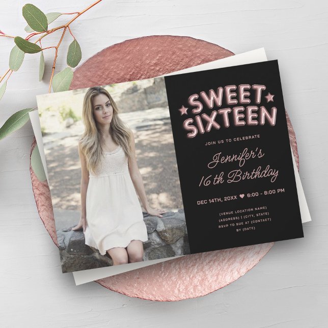 Glam Photo Rose Gold Black Balloons Sweet 16  Invitation (Glam Photo Rose Gold Black Balloons Sweet 16 Invitation)