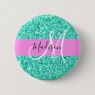 Glam Pink and Aqua Glitter Sparkles Monogram Name 6 Cm Round Badge
