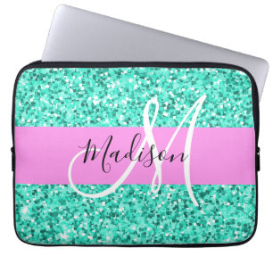 Glam Pink and Aqua Glitter Sparkles Monogram Name Laptop Sleeve