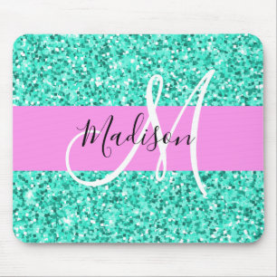 Glam Pink and Aqua Glitter Sparkles Monogram Name Mouse Mat
