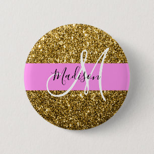 Glam Pink and Gold Glitter Sparkles Monogram Name 6 Cm Round Badge