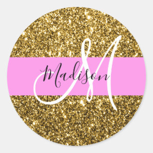 Glam Pink and Gold Glitter Sparkles Monogram Name Classic Round Sticker