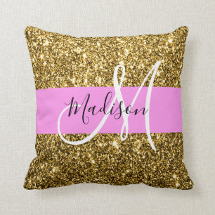 Glam Pink and Gold Glitter Sparkles Monogram Name Cushion