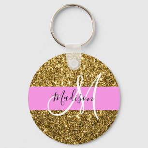 Glam Pink and Gold Glitter Sparkles Monogram Name Key Ring