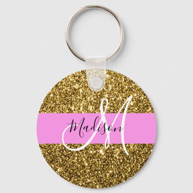 Glam Pink and Gold Glitter Sparkles Monogram Name Key Ring (Front)