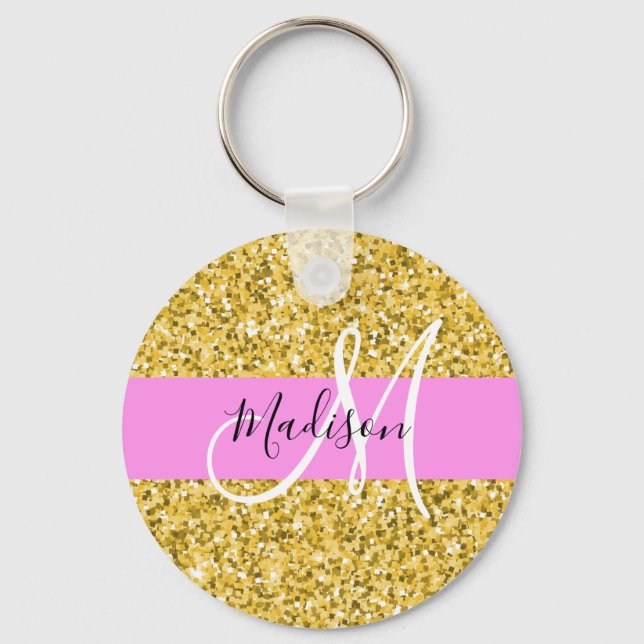 Glam Pink and Gold Glitter Sparkles Monogram Name Key Ring (Front)
