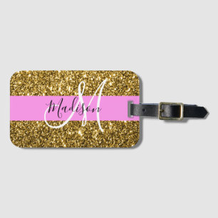 Glam Pink and Gold Glitter Sparkles Monogram Name Luggage Tag