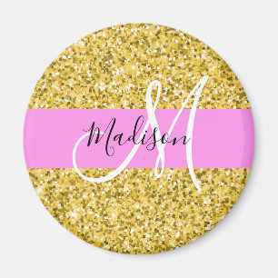 Glam Pink and Gold Glitter Sparkles Monogram Name Magnet
