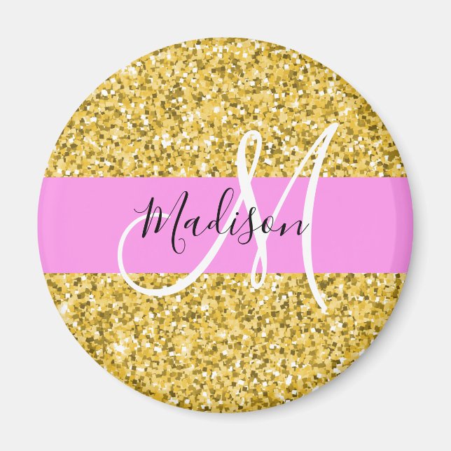 Glam Pink and Gold Glitter Sparkles Monogram Name Magnet (Front)