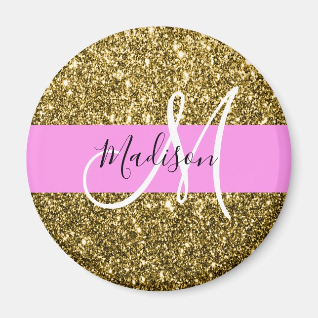 Glam Pink and Gold Glitter Sparkles Monogram Name Magnet (Front)
