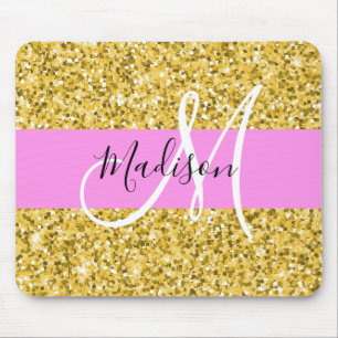 Glam Pink and Gold Glitter Sparkles Monogram Name Mouse Mat