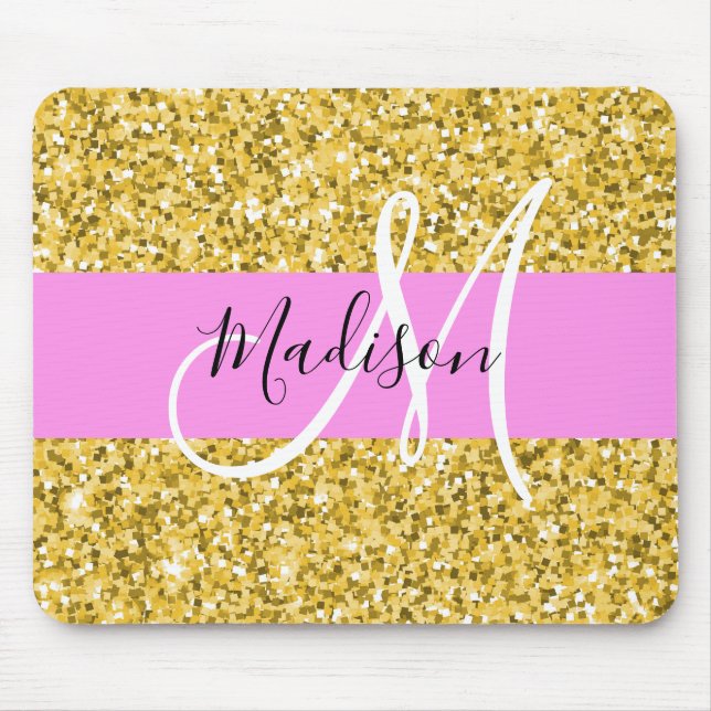Glam Pink and Gold Glitter Sparkles Monogram Name Mouse Mat (Front)