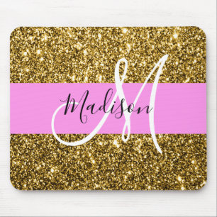 Glam Pink and Gold Glitter Sparkles Monogram Name Mouse Mat