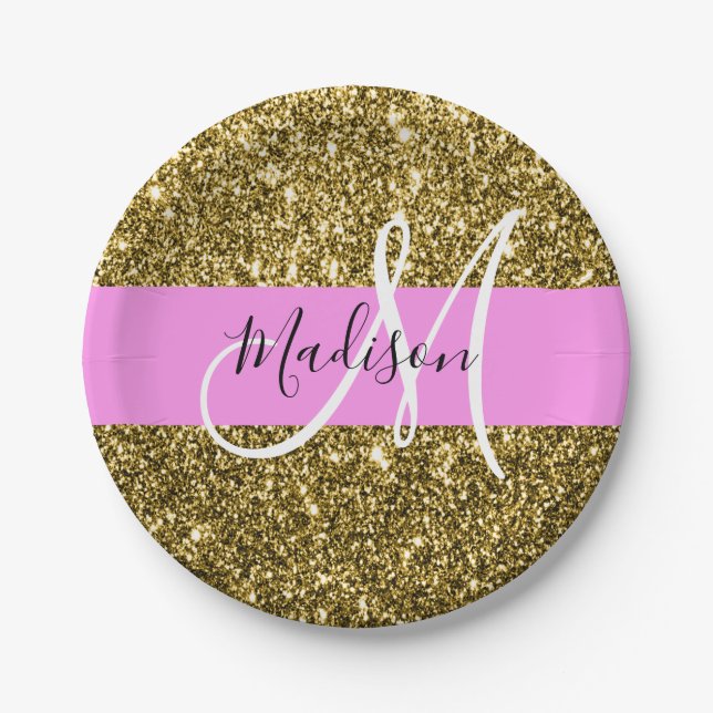 Glam Pink and Gold Glitter Sparkles Monogram Name Paper Plate (Front)