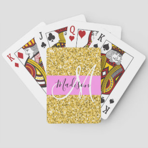 Glam Pink and Gold Glitter Sparkles Monogram Name Playing Cards