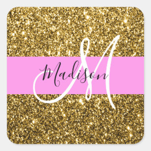 Glam Pink and Gold Glitter Sparkles Monogram Name Square Sticker