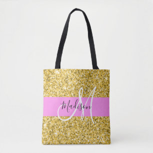 Glam Pink and Gold Glitter Sparkles Monogram Name Tote Bag