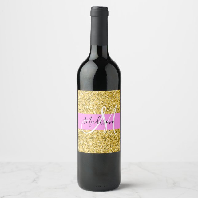 Glam Pink and Gold Glitter Sparkles Monogram Name Wine Label (Front)