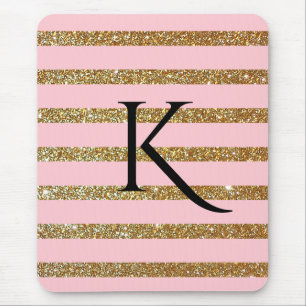 Glam Pink and Gold Striped Monogrammed Mouse Pad