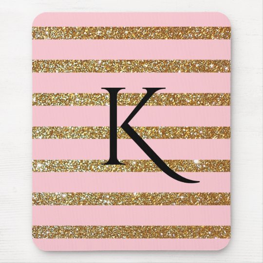 Glam Pink and Gold Striped Monogrammed Mouse Pad