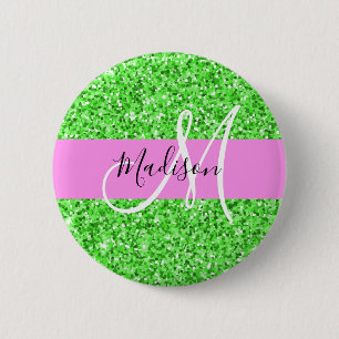 Glam Pink and Green Glitter Sparkles Monogram Name 6 Cm Round Badge