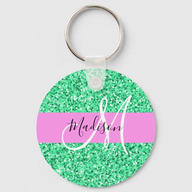 Glam Pink and Green Glitter Sparkles Monogram Name Key Ring (Front)