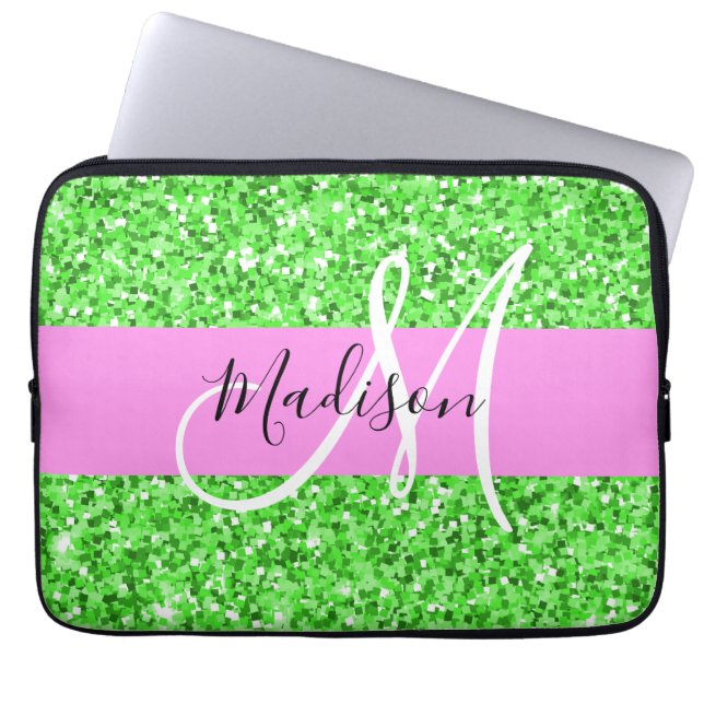 Glam Pink and Green Glitter Sparkles Monogram Name Laptop Sleeve (Front)