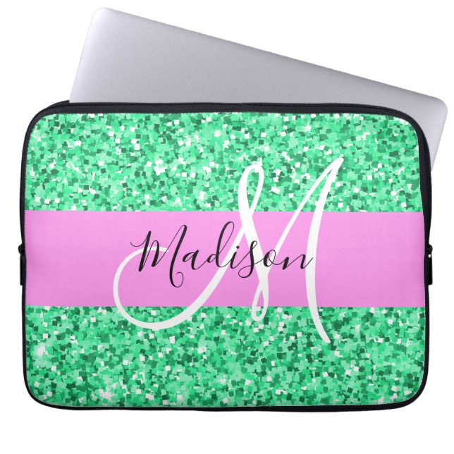 Glam Pink and Green Glitter Sparkles Monogram Name Laptop Sleeve (Front)