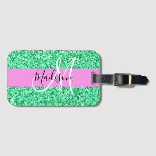 Glam Pink and Green Glitter Sparkles Monogram Name Luggage Tag