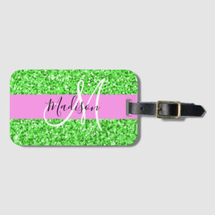 Glam Pink and Green Glitter Sparkles Monogram Name Luggage Tag