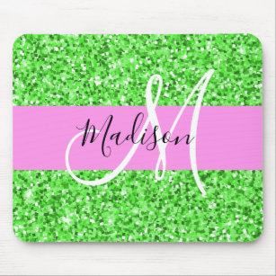 Glam Pink and Green Glitter Sparkles Monogram Name Mouse Mat