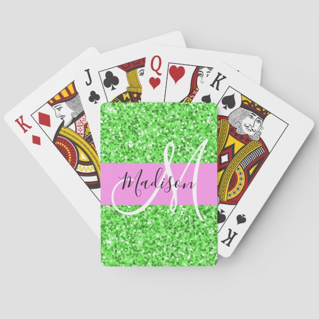 Glam Pink and Green Glitter Sparkles Monogram Name Playing Cards (Back)