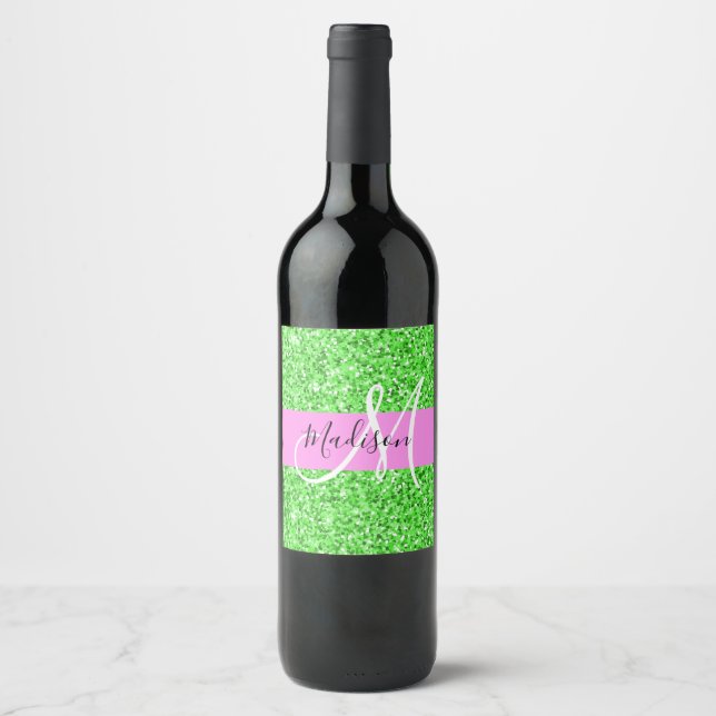 Glam Pink and Green Glitter Sparkles Monogram Name Wine Label (Front)