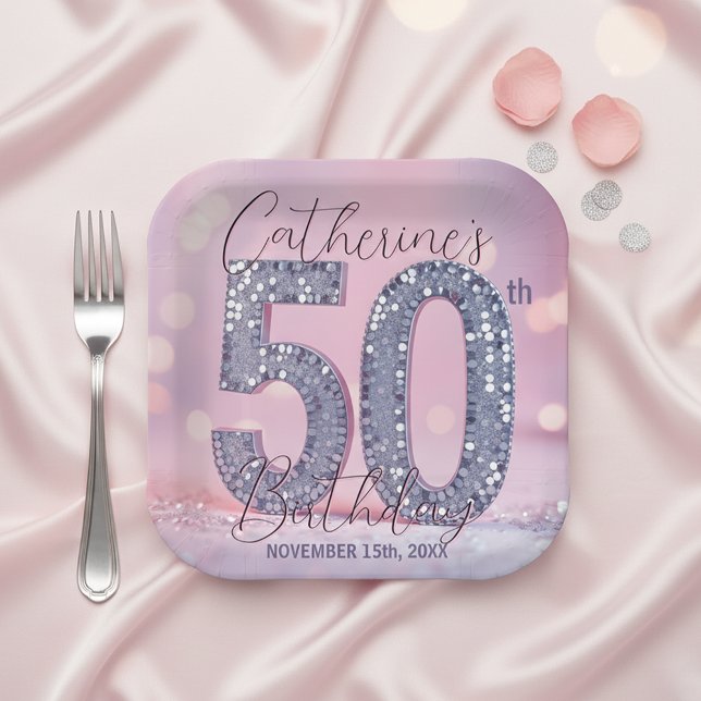 Glam Pink and Silver Sequin 50th Birthday Party  Paper Plate (Creator Uploaded)