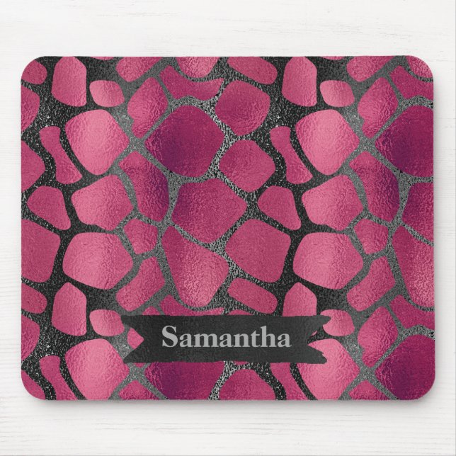 Glam pink black animal print glitter personalised mouse mat (Front)